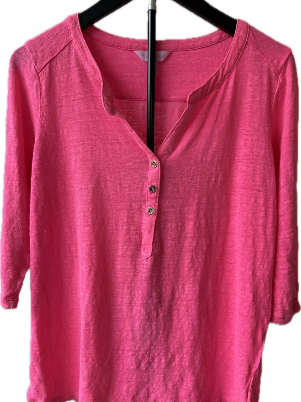 Lilly Pulitzer Women’s Neon Pink Linen Henley 3/4 Sleeve Top with Gold Buttons